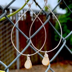 Soft natural pearl shell hand crafted hammered drop hoop earrings